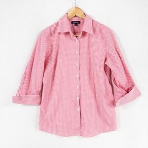 Lands' End Shirt 8 Red White Gingham Check Button Up Cotton Stretch French Cuffs